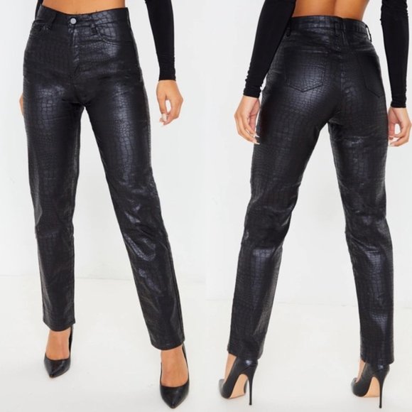 PrettyLittleThing Denim - Prettylittlething Black Denim organic Crocodile leather Straight Jean NWT